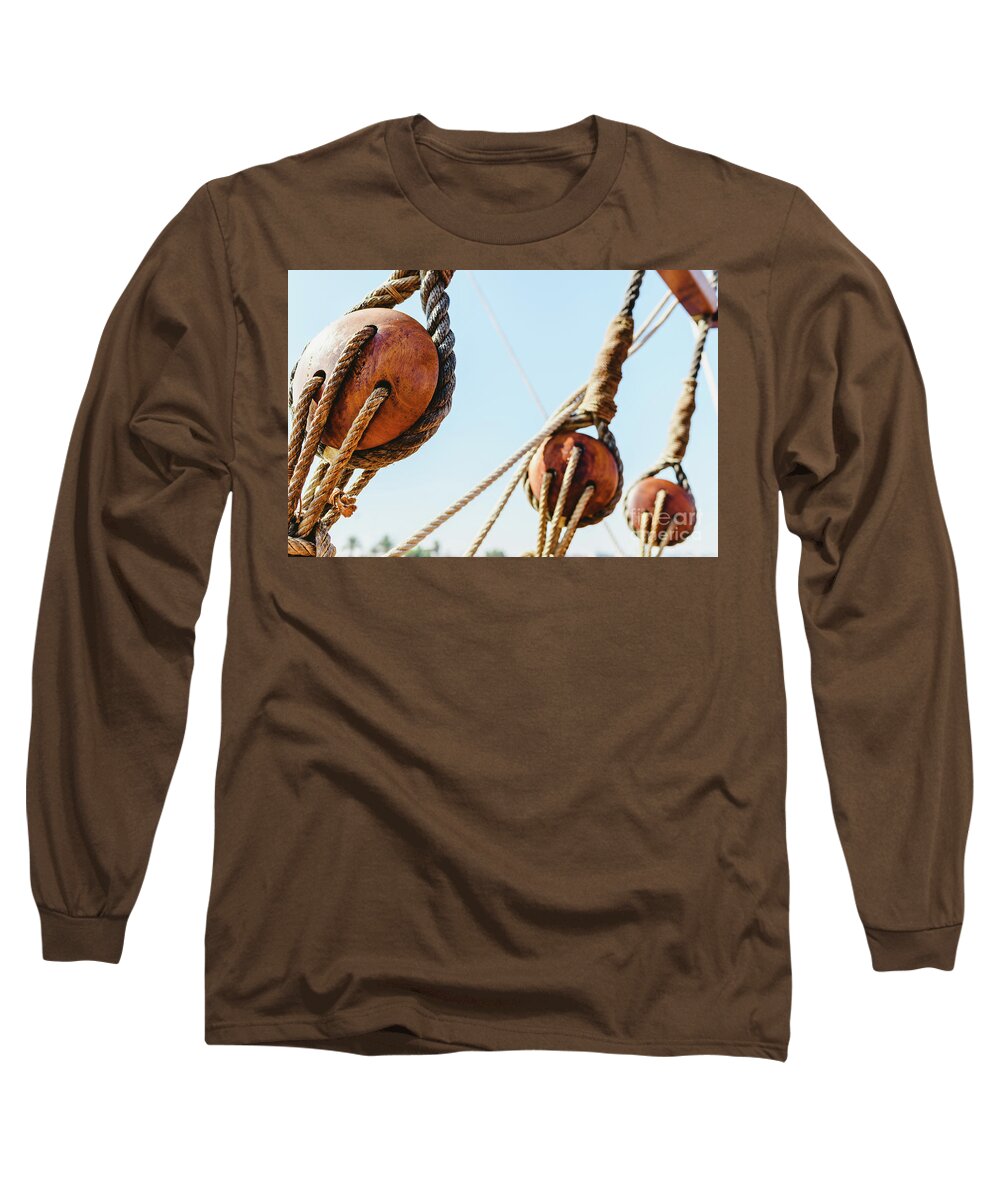 Adventure Long Sleeve T-Shirt featuring the photograph Rigging and ropes on an old sailing ship to sail in summer. #2 by Joaquin Corbalan
