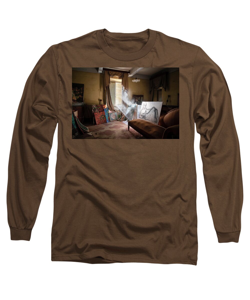 Urban Long Sleeve T-Shirt featuring the photograph Abandoned Paintings in Home by Roman Robroek