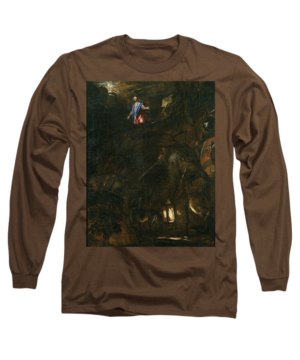 Agony In The Garden Long Sleeve T-Shirt featuring the painting 'Agony in the Garden', 1562, Italian School, Oil on canvas, 176 cm... by Titian -c 1485-1576-