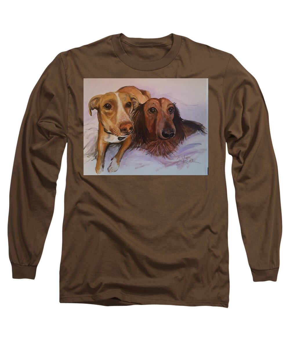 Puppy Dogs Dachshund Long Sleeve T-Shirt featuring the painting Best Friends by Jan VonBokel