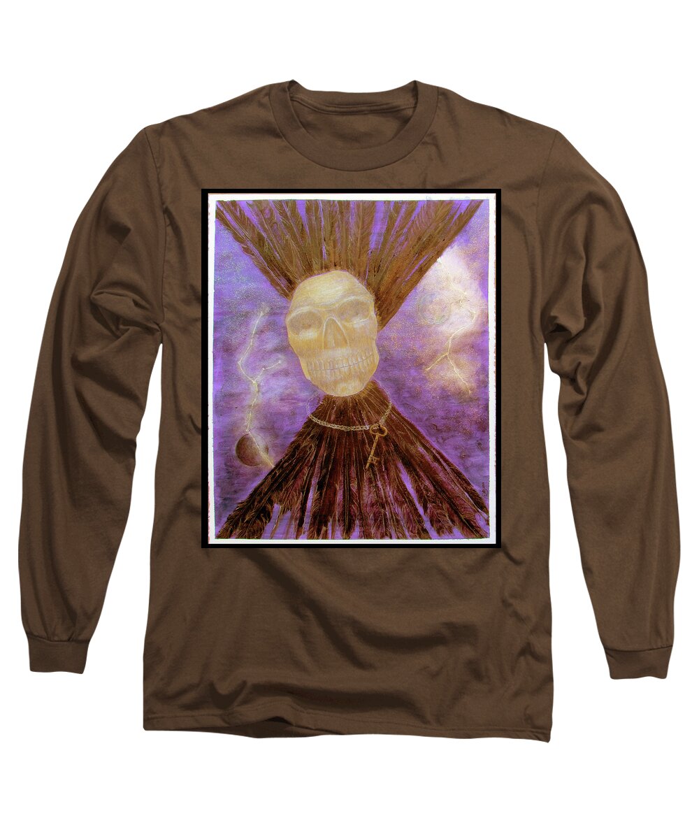 Obsidian Skull Long Sleeve T-Shirt featuring the painting Compelling Communications with a Large Golden Obsidian Skull by Feather Redfox