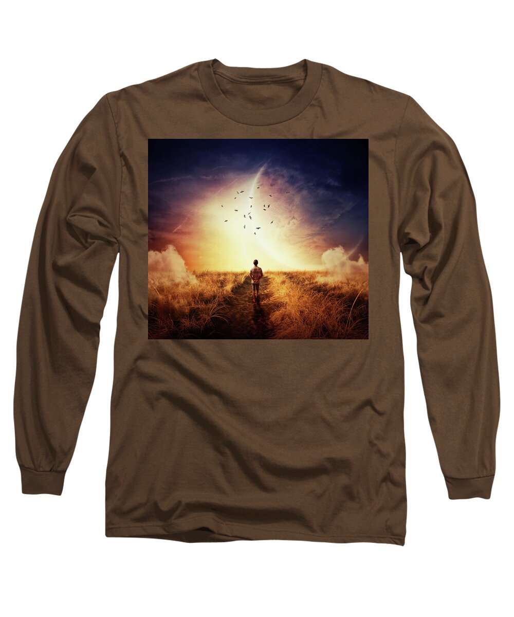 Boy Long Sleeve T-Shirt featuring the digital art Cosmic Walk by PsychoShadow ART