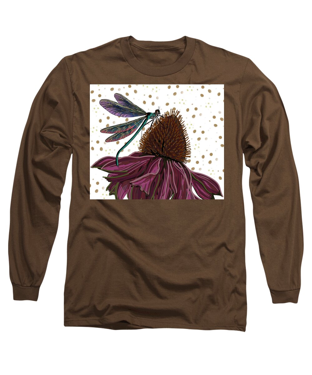 Echinacea Flower. Dragon Fly Long Sleeve T-Shirt featuring the drawing Dragon fly and Echinacea Flower by Joan Stratton