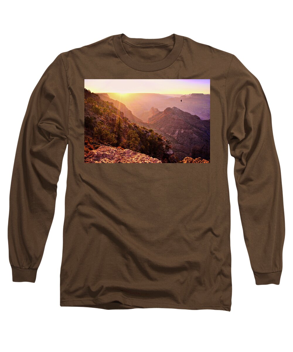 Grand Canyon Long Sleeve T-Shirt featuring the photograph Grand Canyon Sunset Bird by Chance Kafka