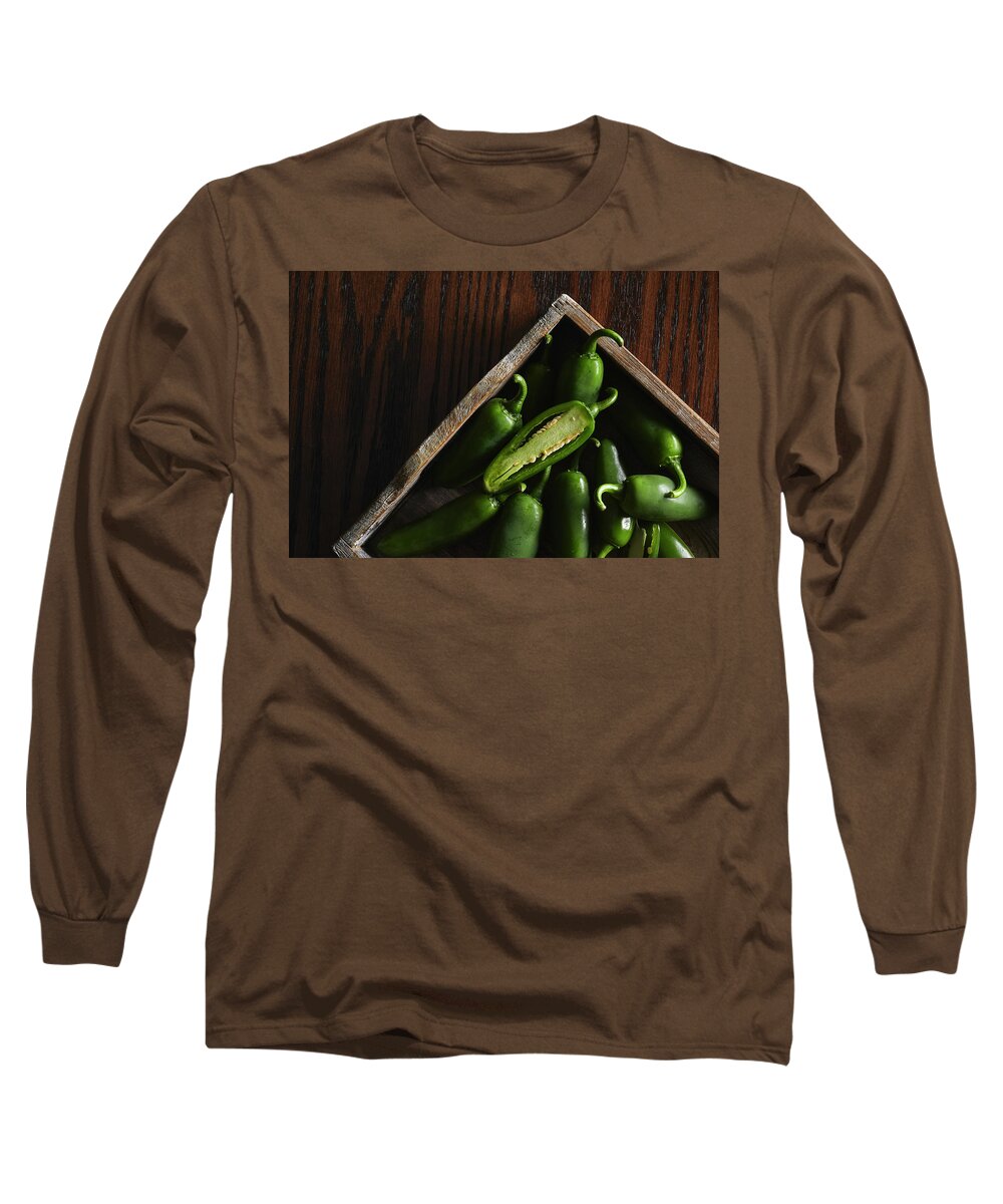 Fresh Long Sleeve T-Shirt featuring the photograph Jalapenos in a wooden box by Cuisine at Home