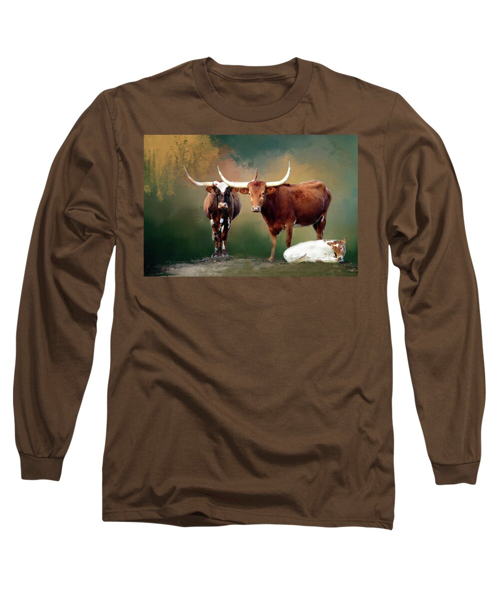 Longhorns Long Sleeve T-Shirt featuring the digital art Longhorn Family Portrait by Linda Cox