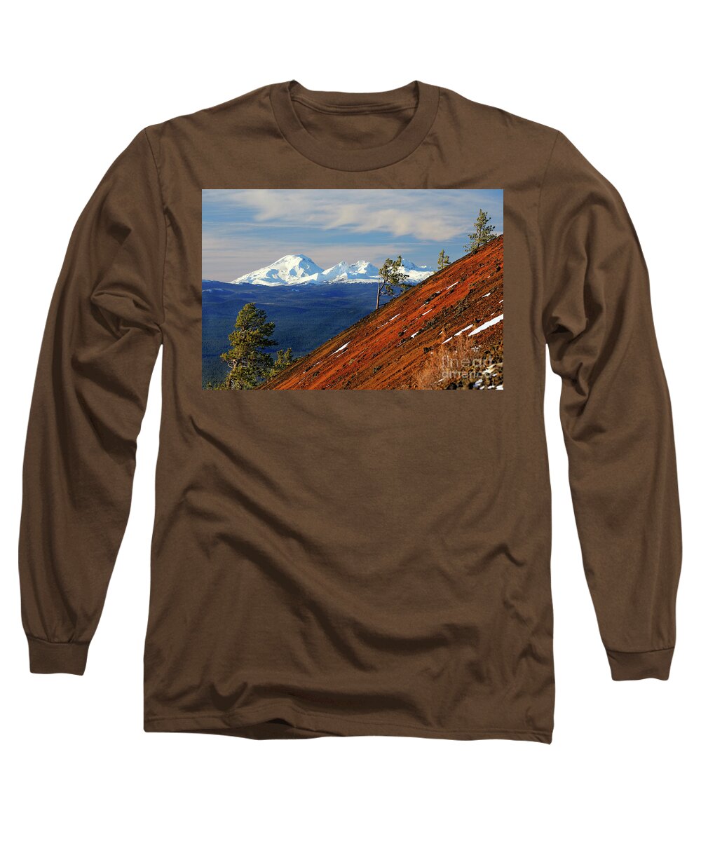 Summer Long Sleeve T-Shirt featuring the photograph Mokst Butte red cinder cone and distant snowy Cascade Mountains Mts and 3 Three Sisters Wilderness by Robert C Paulson Jr