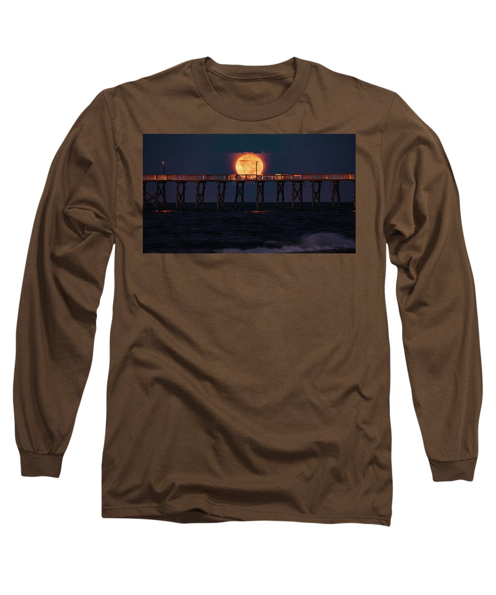 Fullmoon Long Sleeve T-Shirt featuring the photograph OKI Pier Moonset by Nick Noble
