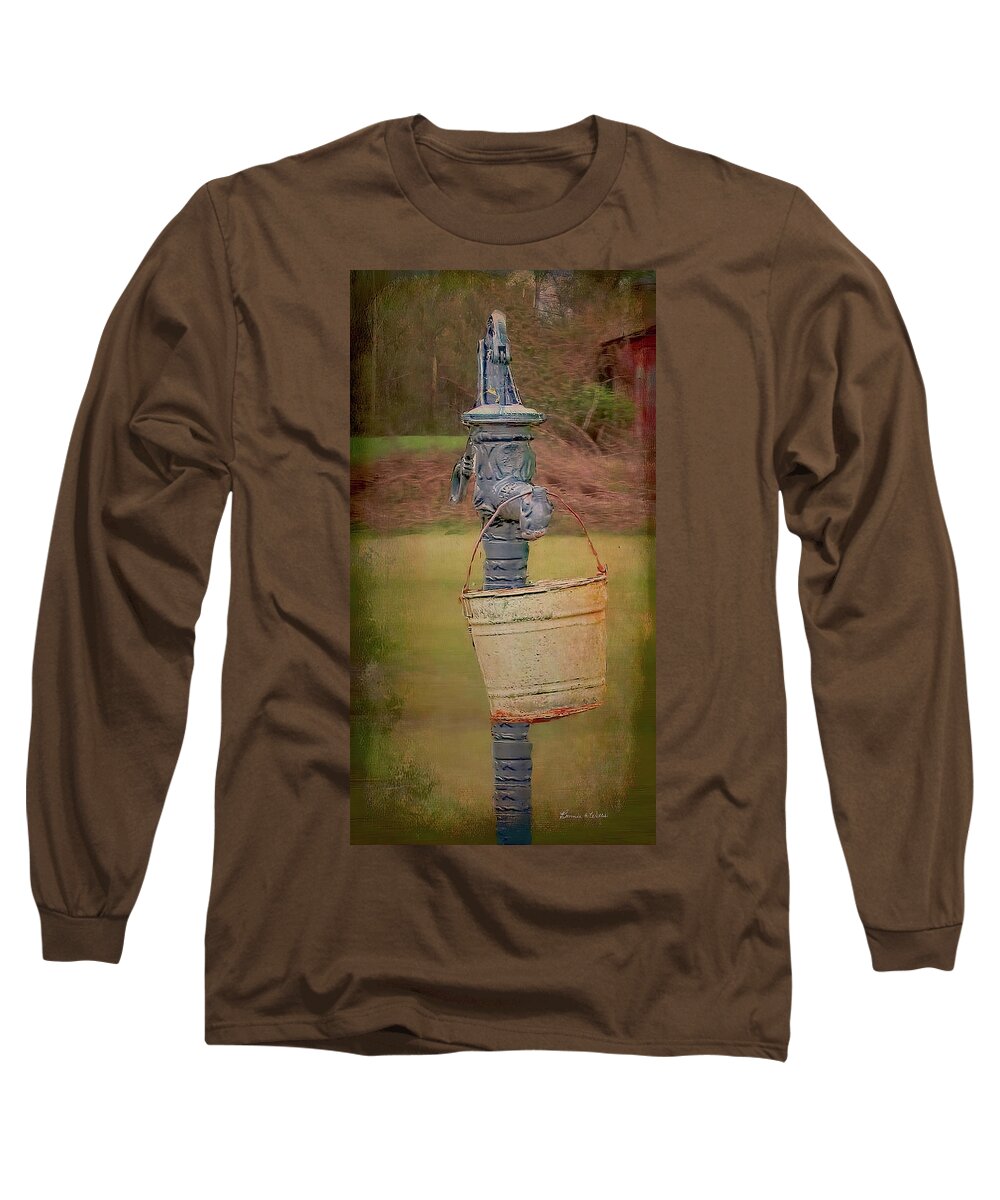 Pump Long Sleeve T-Shirt featuring the digital art Old Pump and water bucket by Bonnie Willis