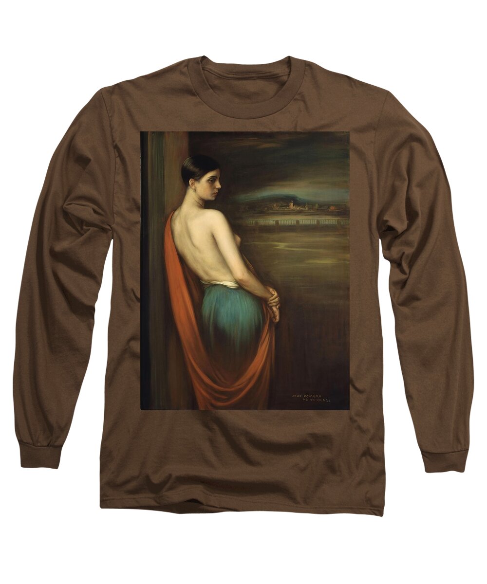 Julio Romero De Torres Long Sleeve T-Shirt featuring the painting 'On the River Bank', 1928, Oil and tempera on canvas, 110 x 81 cm. by Julio Romero de Torres -1874-1930-