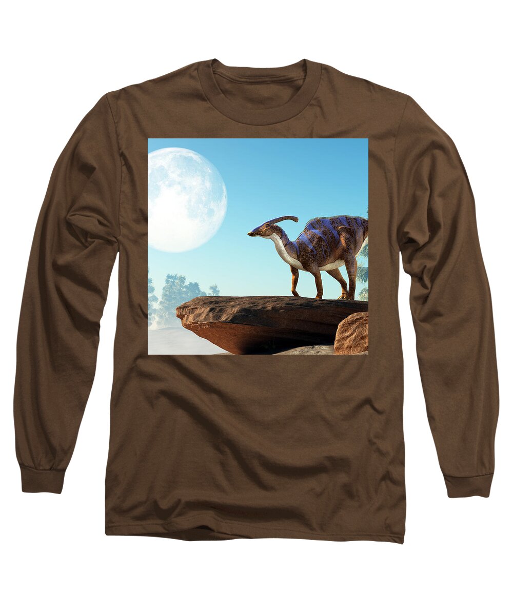 Parasaurolophus Long Sleeve T-Shirt featuring the digital art Parasaurolophus on a Rock Under the Moon by Daniel Eskridge