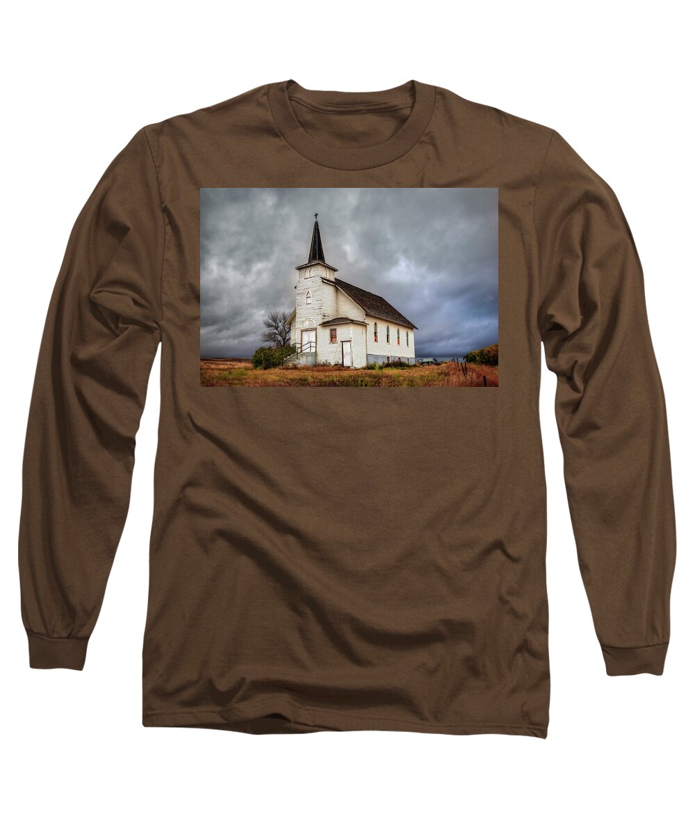 Abandoned Long Sleeve T-Shirt featuring the photograph Shuttered Church in Cartwright North Dakota by Harriet Feagin