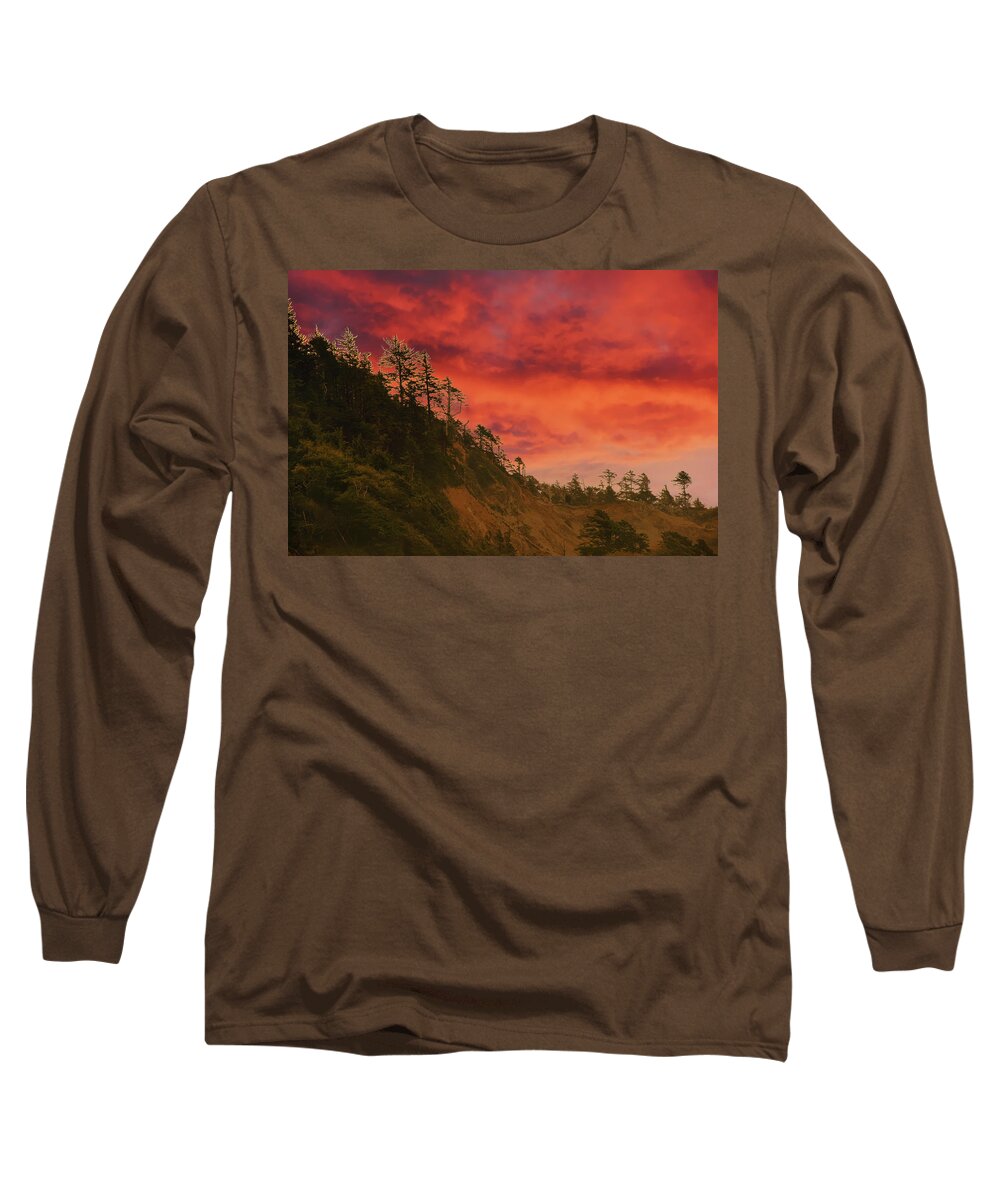 Cannon Beach Long Sleeve T-Shirt featuring the photograph Silhouette of conifer against seacoast by Steve Estvanik