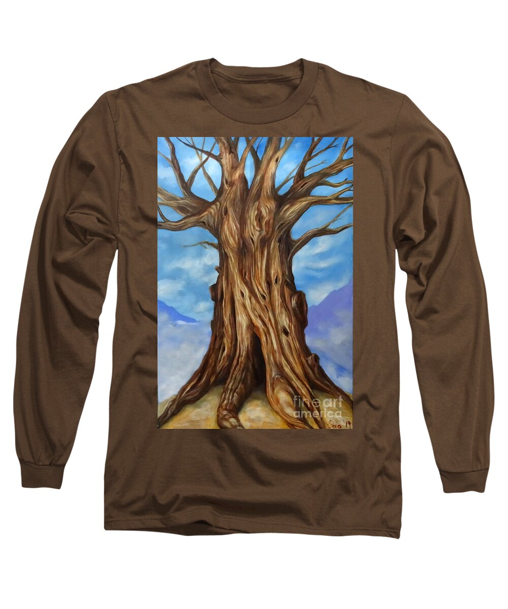 Tree Landscape Sky Ground Mountain Clouds Mist Light Dark Shadow Colour White Blue Brown Yellow Grey Orange Mystery Allegory Life Long Sleeve T-Shirt featuring the painting Yggdrasill by Ida Eriksen