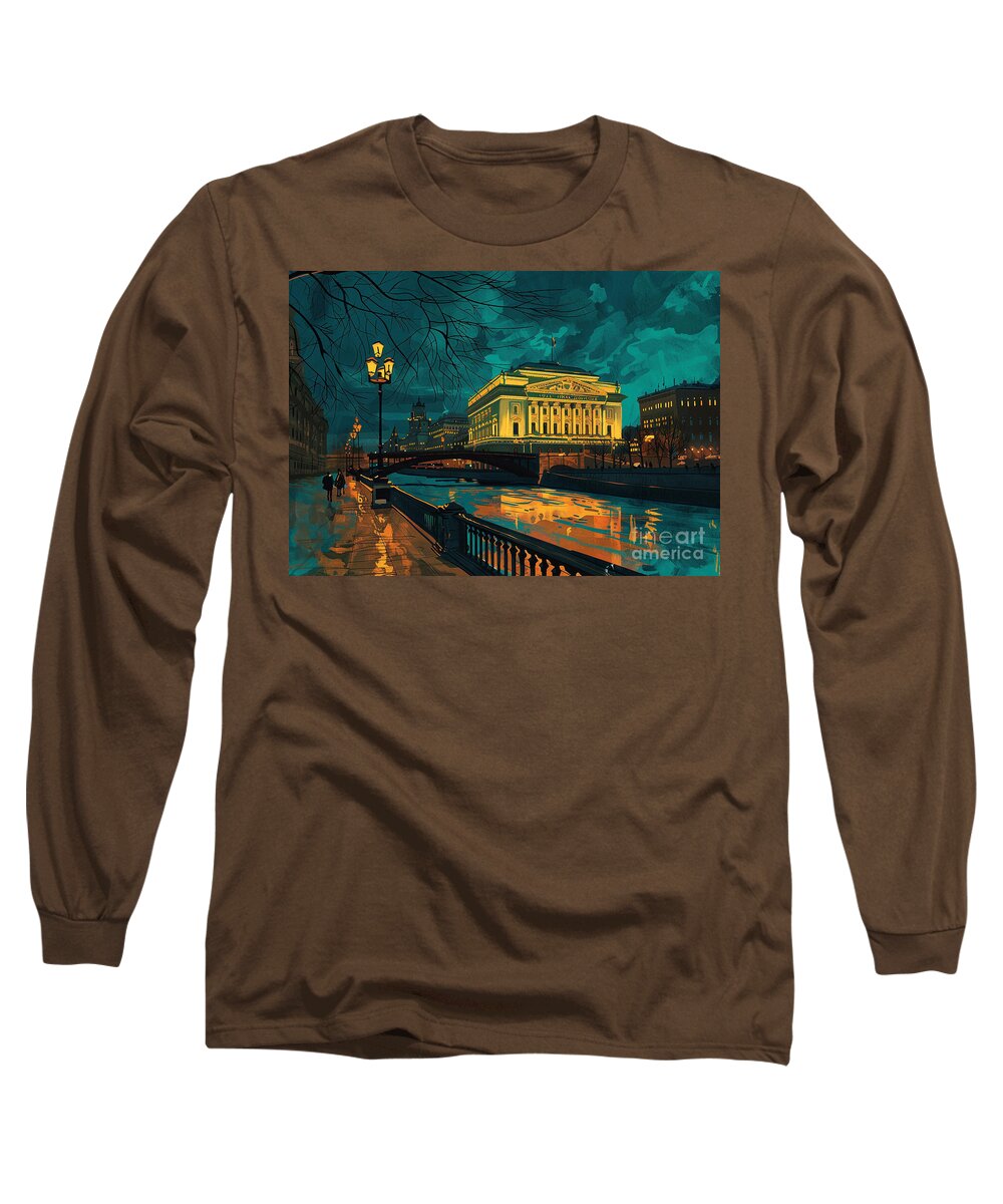  Long Sleeve T-Shirt featuring the painting Moscow's Bolshoi Theatre illuminated against the darkened skyline #2 by Cortez Schinner