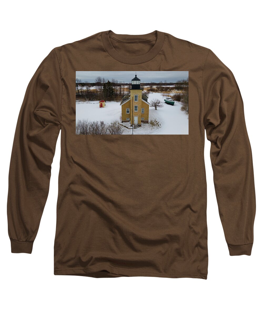Ontonagon Michigan Long Sleeve T-Shirt featuring the photograph Ontonagon Michigan Lighthouse along Lake Superior in winter #3 by Eldon McGraw