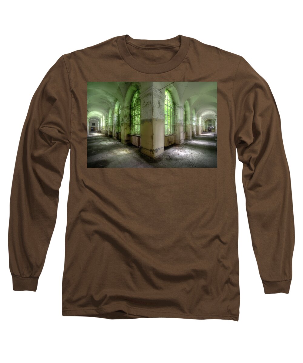 Urban Long Sleeve T-Shirt featuring the photograph Abandoned Green Hallway by Roman Robroek