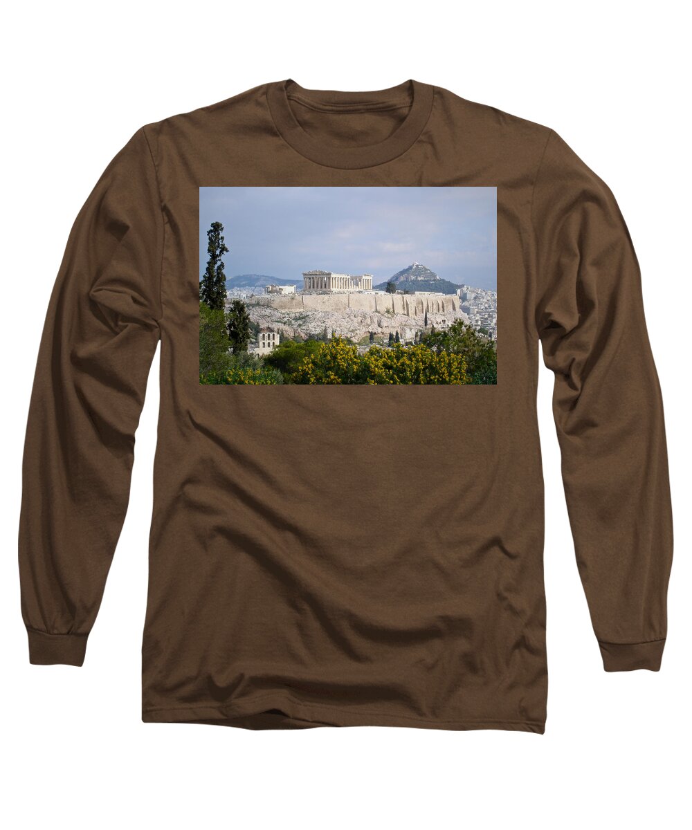 Athens Long Sleeve T-Shirt featuring the photograph Acropolis and Likavittos from Hill of the Muses by Sean Hannon