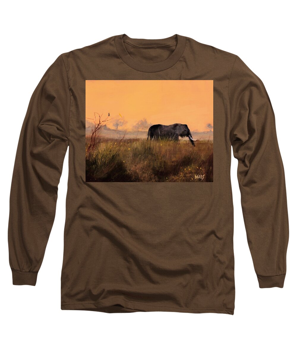 Elephant Long Sleeve T-Shirt featuring the painting African Elephant on the plains by Walt Maes