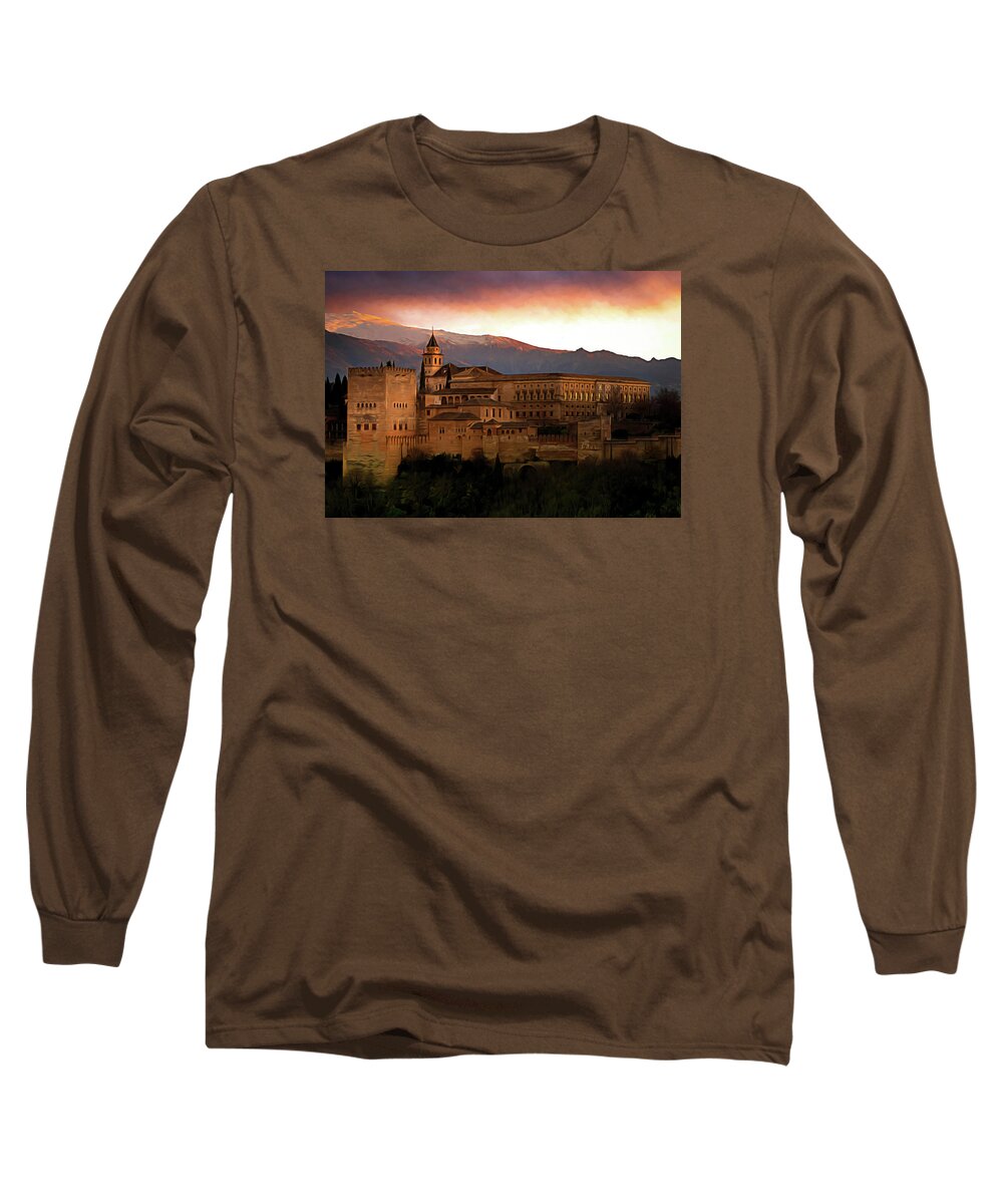 Alhambra Spain Long Sleeve T-Shirt featuring the photograph Alhambra Sunset in the Winter by Rebecca Herranen