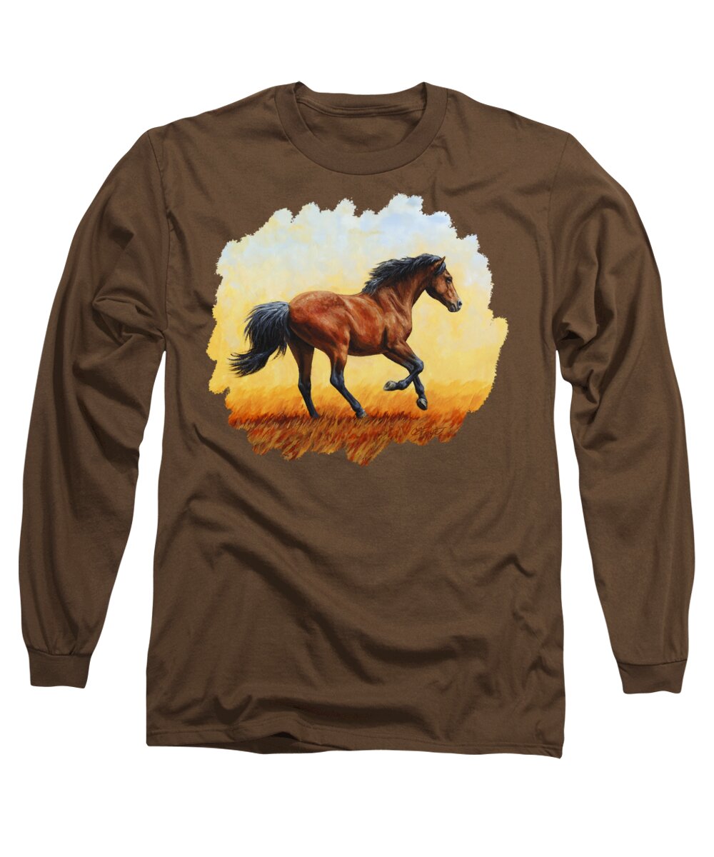Horse Long Sleeve T-Shirt featuring the painting Running Horse - Evening Fire by Crista Forest