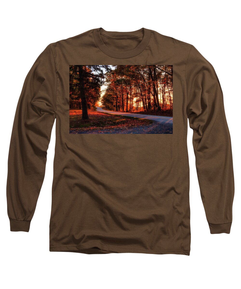 Fall Long Sleeve T-Shirt featuring the photograph Autumn Sunset Through the Trees by Dan Carmichael