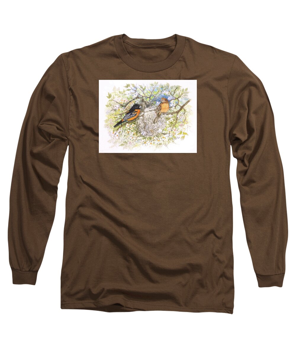 Birds Long Sleeve T-Shirt featuring the painting Baltimore Orioles at Nesting Time by Lois Mountz