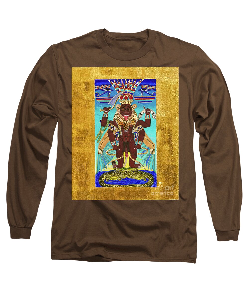 Bes Long Sleeve T-Shirt featuring the mixed media Bes the Magical Protector by Ptahmassu Nofra-Uaa