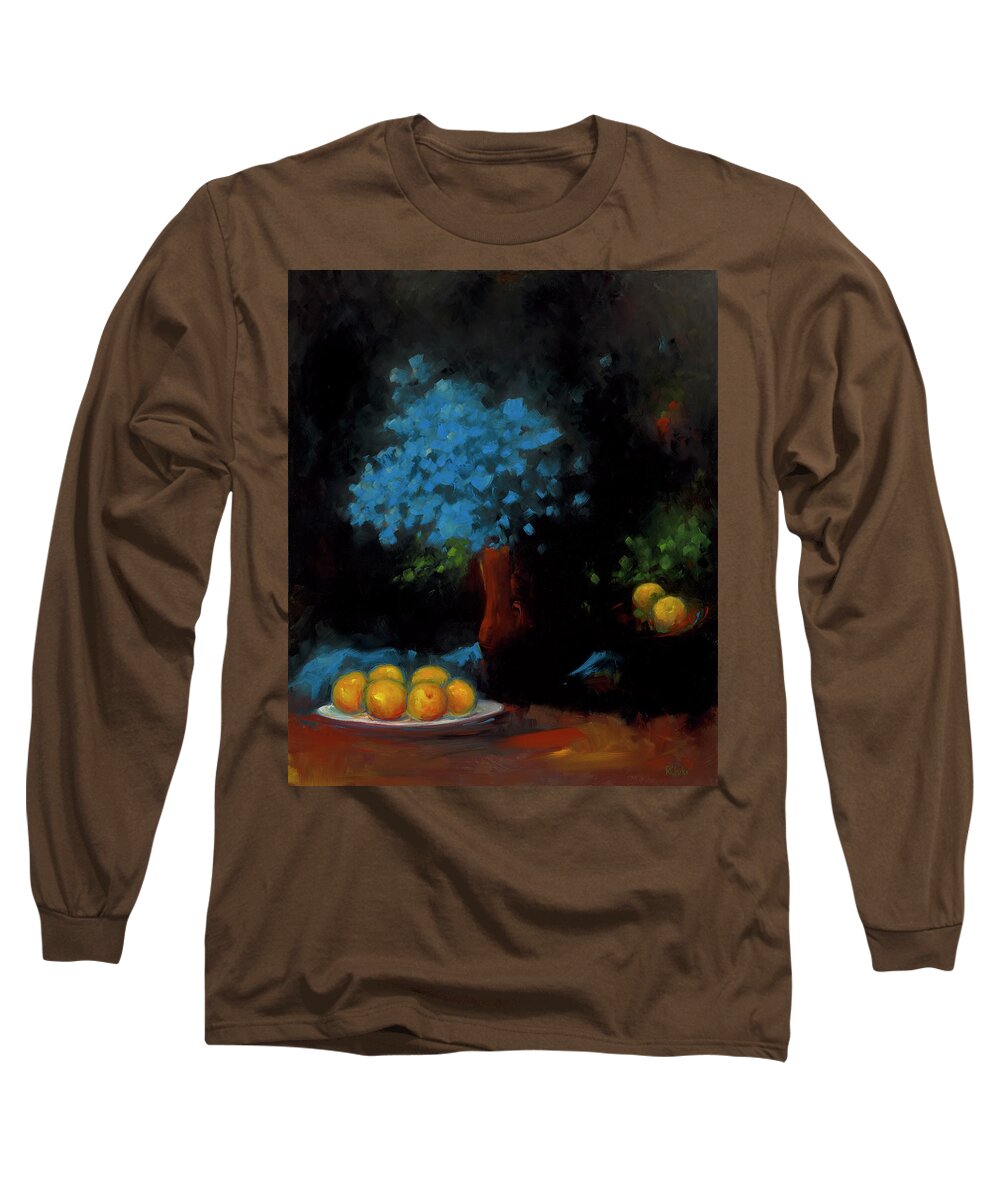 Flowers Long Sleeve T-Shirt featuring the painting Blue Petals and Peaches by Roger Clarke