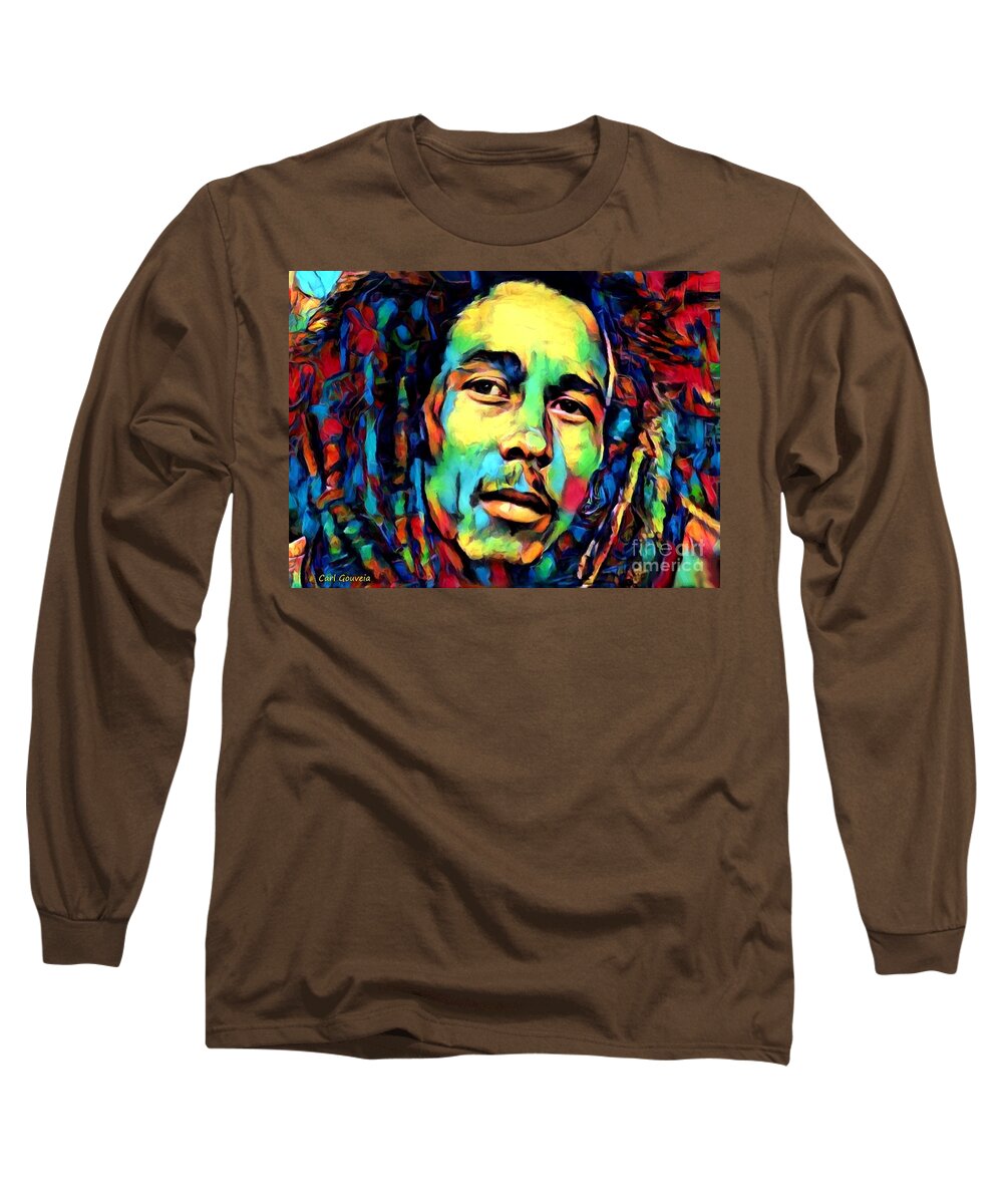 Bob Marley Long Sleeve T-Shirt featuring the mixed media Bob Marley in color by Carl Gouveia
