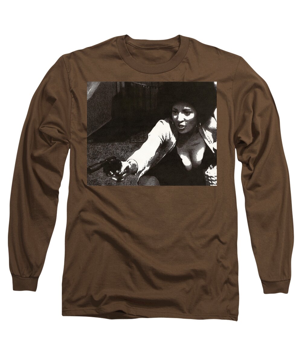 Pam Grier Long Sleeve T-Shirt featuring the drawing Coffy by Mark Baranowski