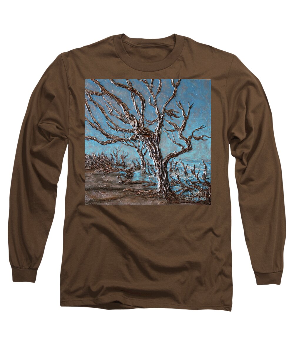 Beach Long Sleeve T-Shirt featuring the painting Driftwood Mystery by Linda Donlin