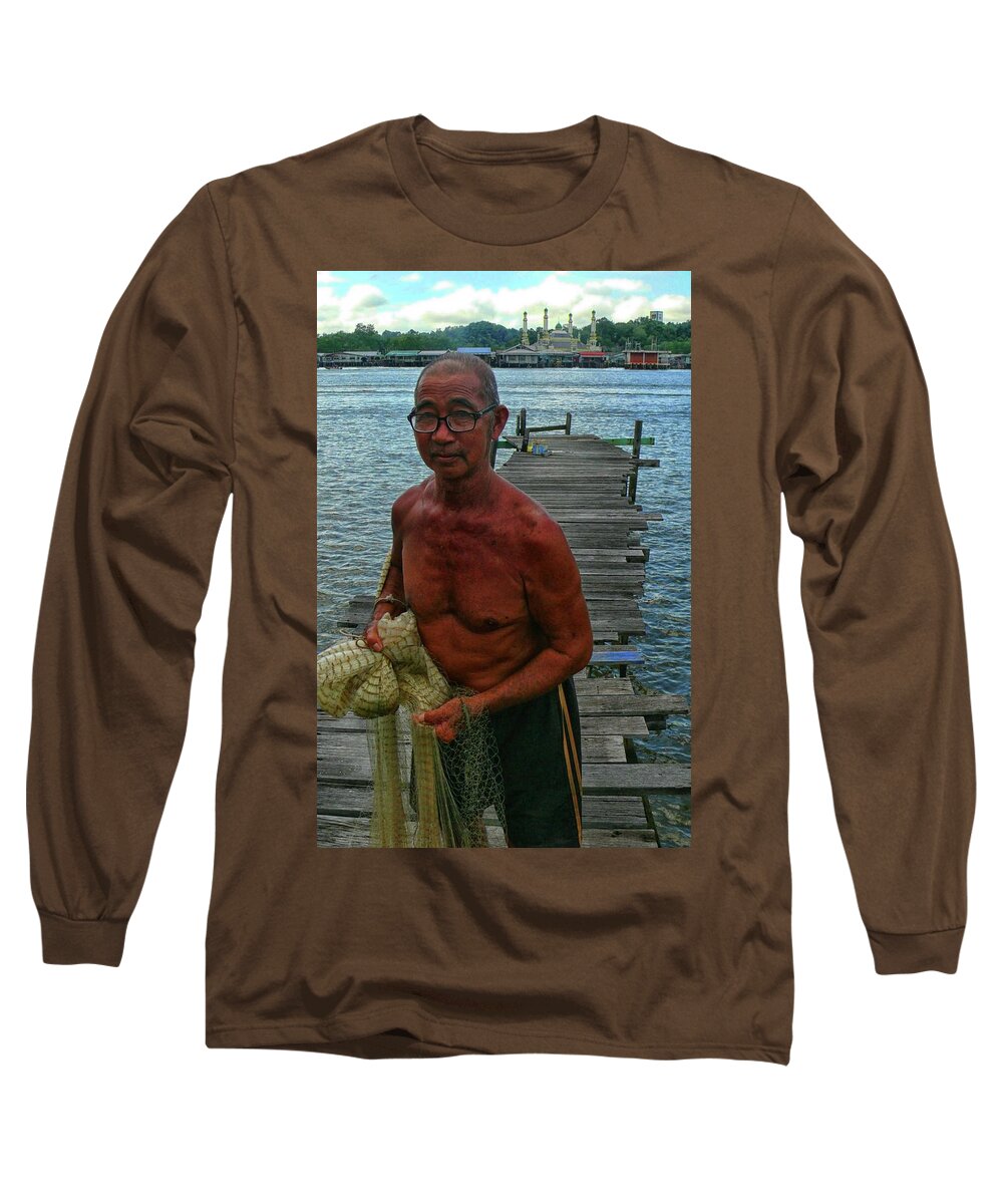 Brunei Long Sleeve T-Shirt featuring the photograph Fisherman from the water village by Robert Bociaga