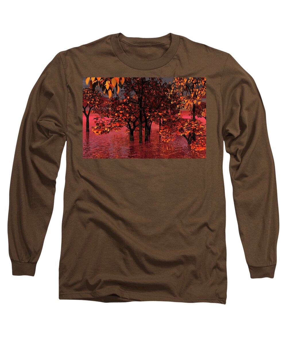 Burnt Orange Trees Long Sleeve T-Shirt featuring the digital art Flooded Woods by Sarah McKoy