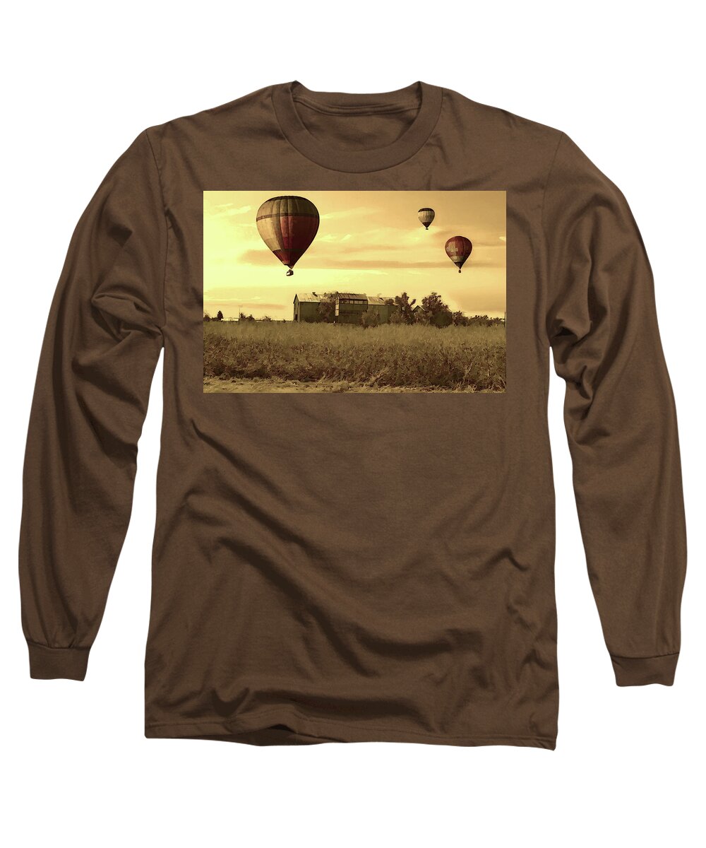 Hot Air Balloons Long Sleeve T-Shirt featuring the mixed media Golden Hour Balloon Flight by Shelli Fitzpatrick