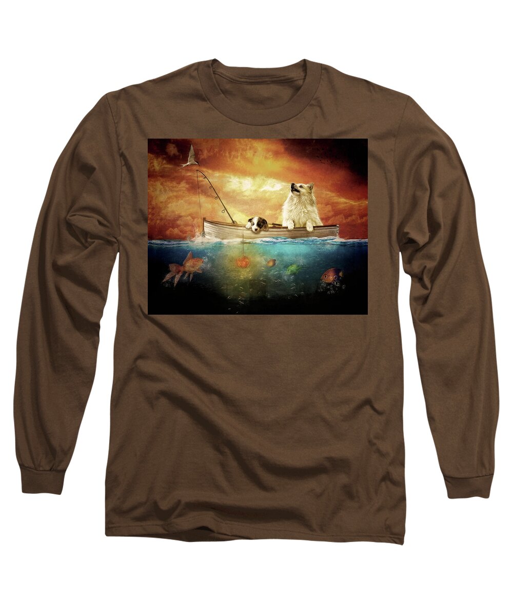 Icelandic Sheepdog Long Sleeve T-Shirt featuring the digital art Gone Fishing by Maggy Pease