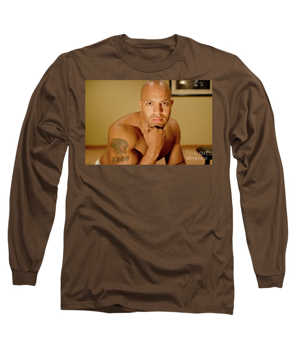 Male Long Sleeve T-Shirt featuring the photograph Handsome bald black muscular man poses for a head shot. by Gunther Allen