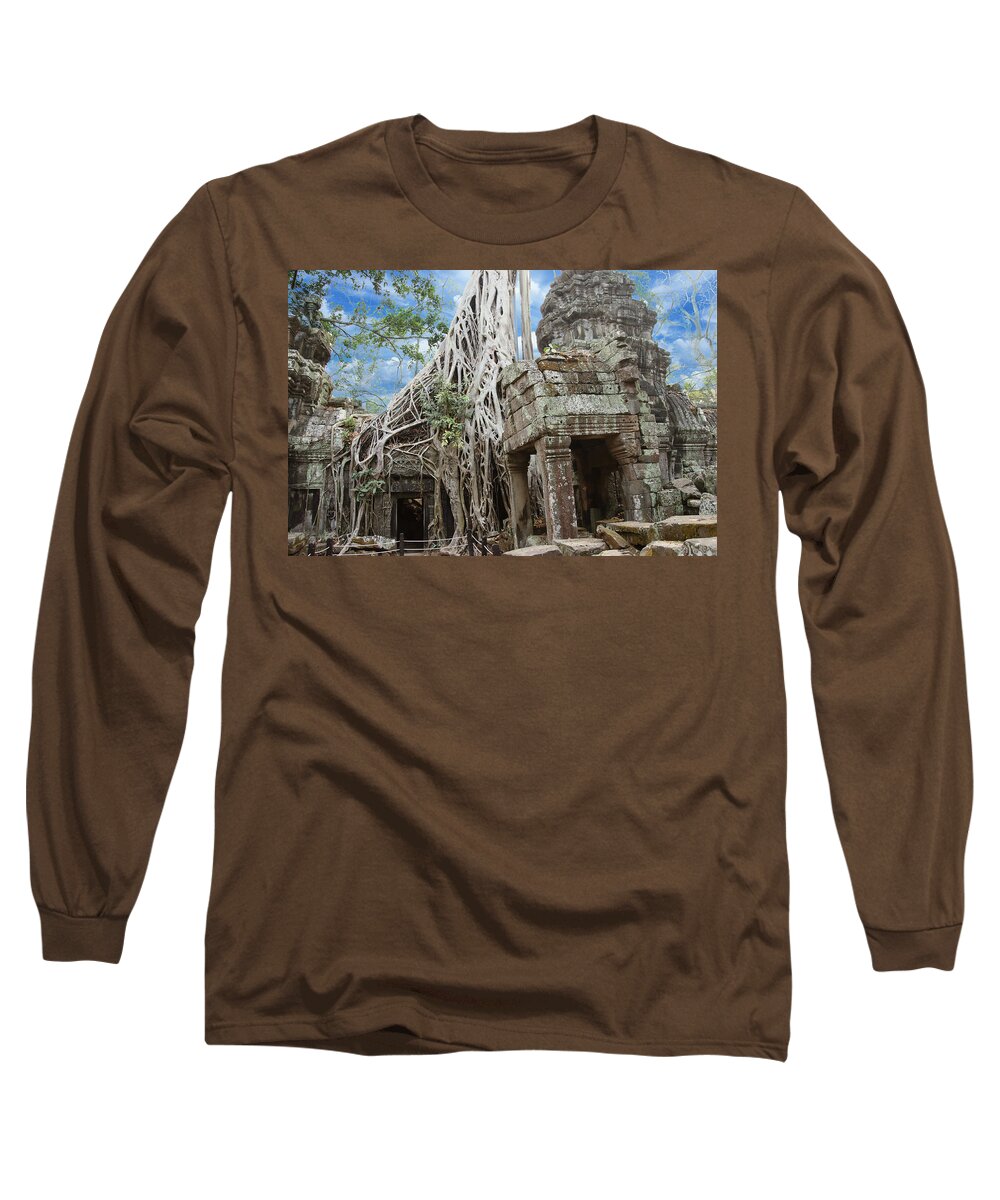 Angkor Long Sleeve T-Shirt featuring the photograph Huge tree roots engulf the ruined temple by Steve Estvanik