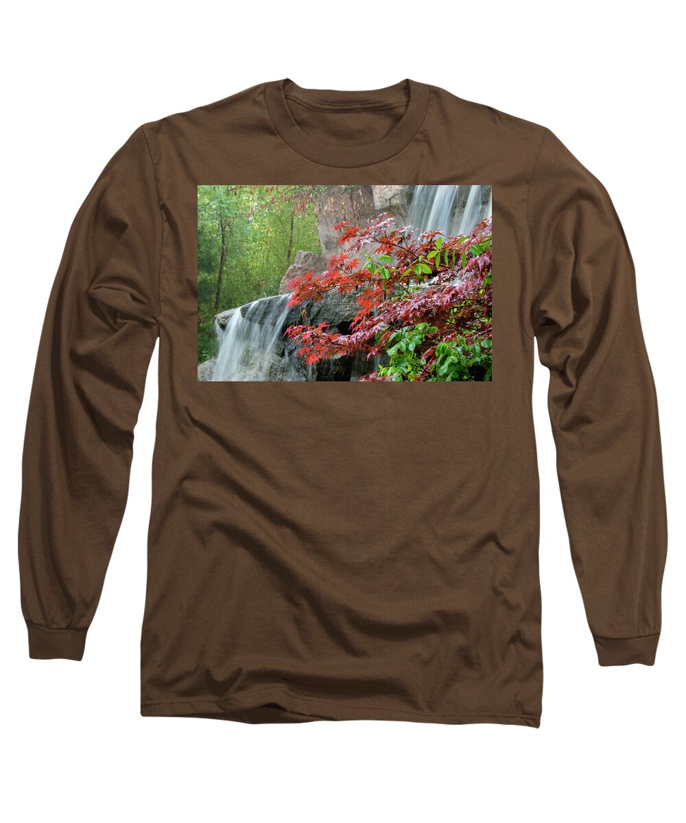 Japanese Long Sleeve T-Shirt featuring the photograph Japanese Garden Waterfall Albuquerque by Mary Lee Dereske
