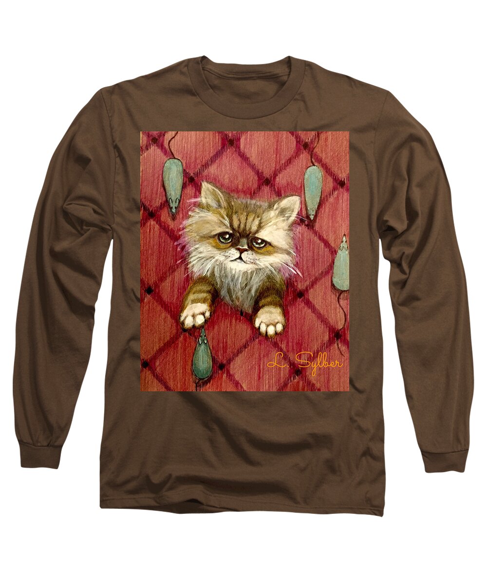 Kitten Long Sleeve T-Shirt featuring the drawing Kitten and mouse by Lana Sylber
