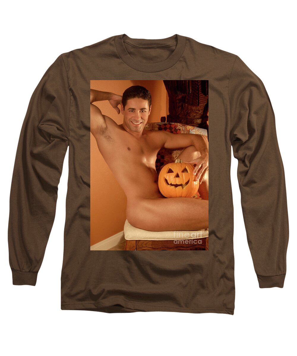 Young Long Sleeve T-Shirt featuring the photograph Male nude with Halloween Pumpkin by Gunther Allen