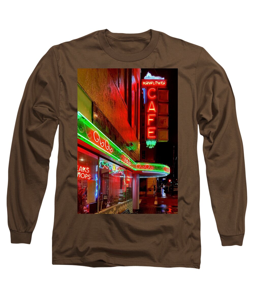 Mayflower Cafe Jackson Mississippi Ms Neon Sign Colorful Rain Rainy Night Long Sleeve T-Shirt featuring the photograph Mayflower Cafe Neon Sign by Jim Albritton