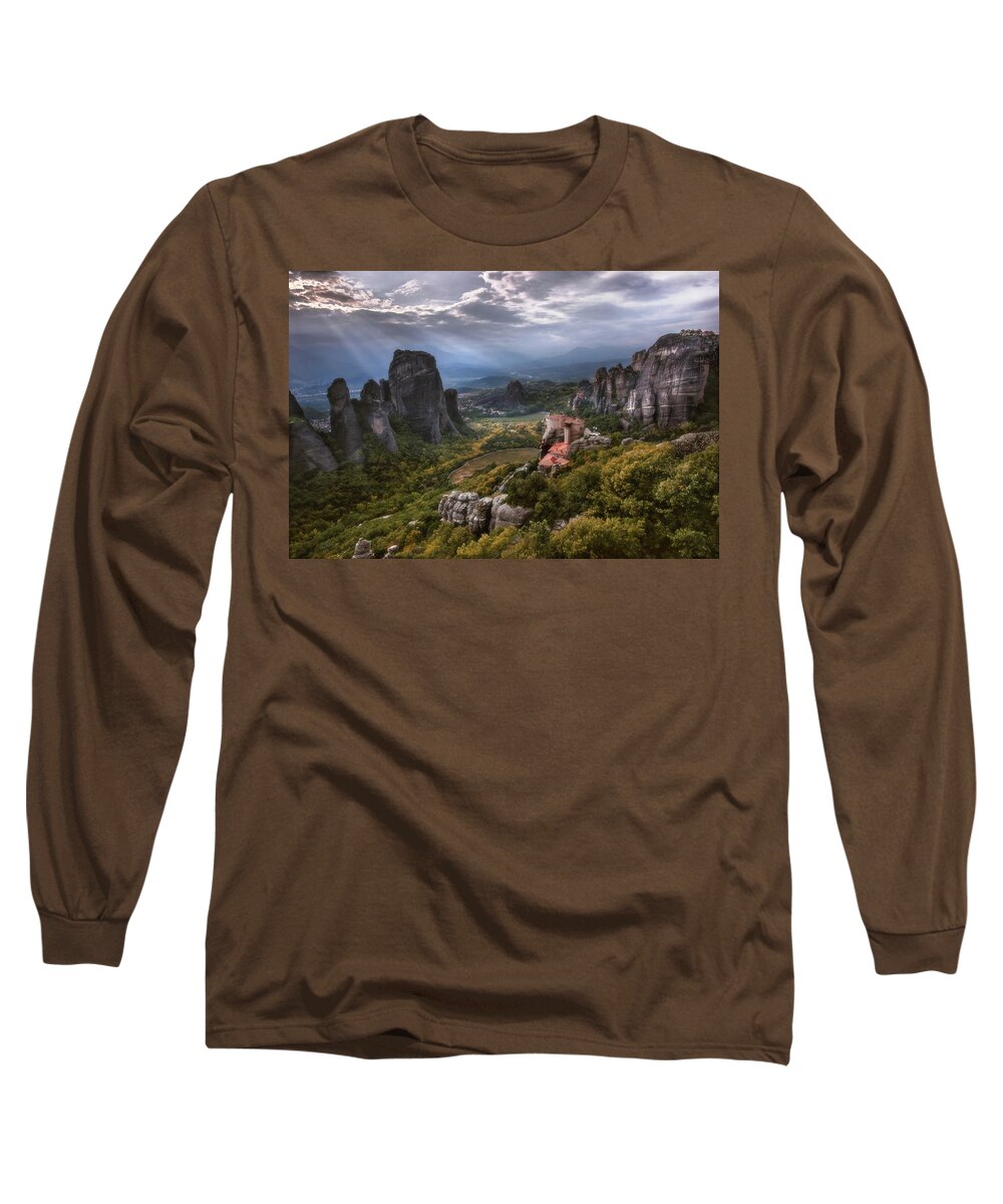 Kalambaka Long Sleeve T-Shirt featuring the photograph Meteora Drama by Elias Pentikis