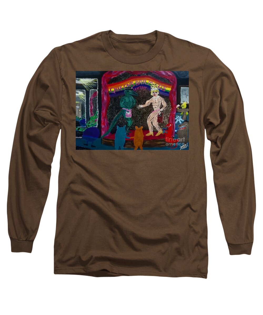 Lgbtq Long Sleeve T-Shirt featuring the painting Queens bar muscle contest by David Westwood