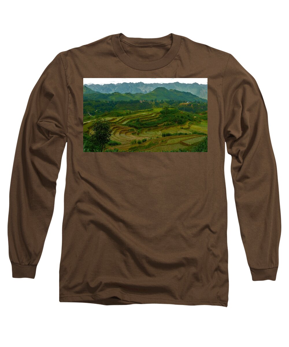 Rice Fields Long Sleeve T-Shirt featuring the photograph Rice fields and mountains, Vietnam by Robert Bociaga