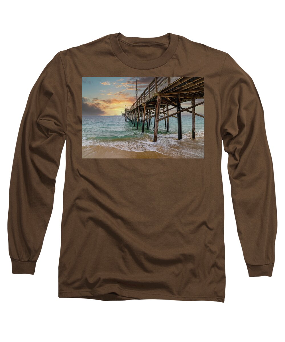 Beach Long Sleeve T-Shirt featuring the photograph Silky Sands at Sunset Under the Pier by Marcus Jones