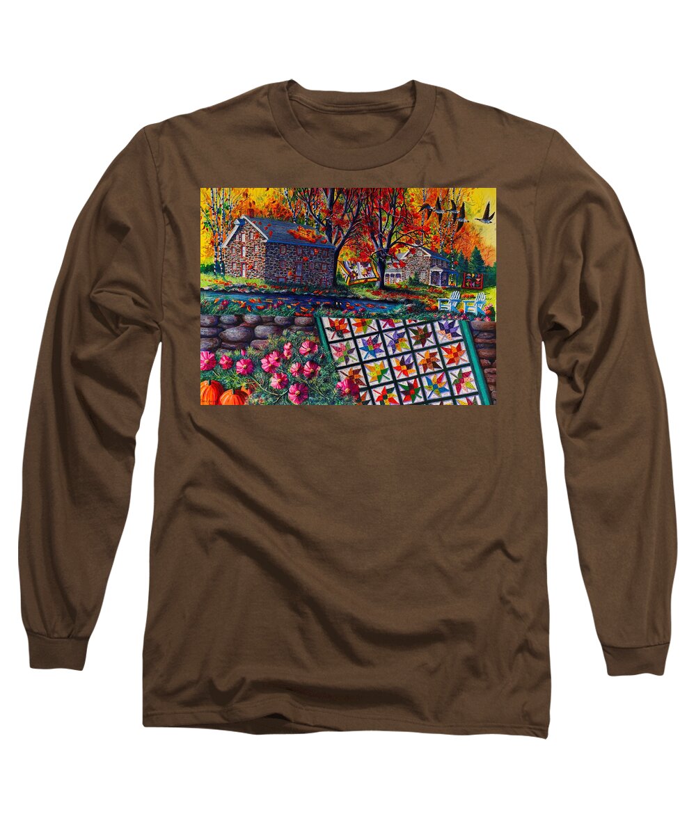Landscape Of Stone Mill Autumn Crossing Long Sleeve T-Shirt featuring the painting Stone Mill Autumn Crossing by Diane Phalen