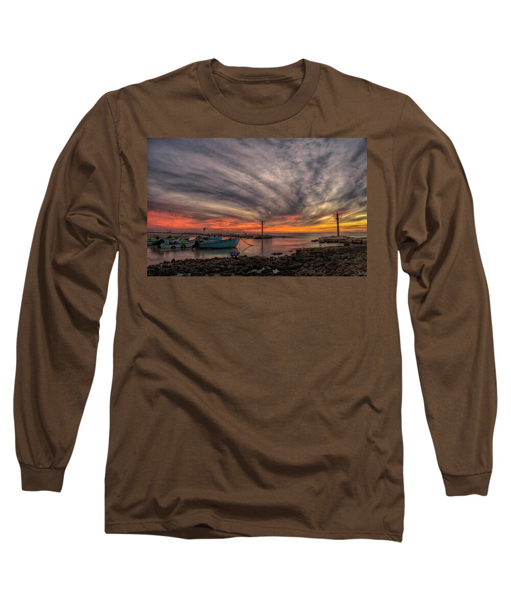 Sea Long Sleeve T-Shirt featuring the photograph Sunset at fishermen's Wharf by Uri Baruch
