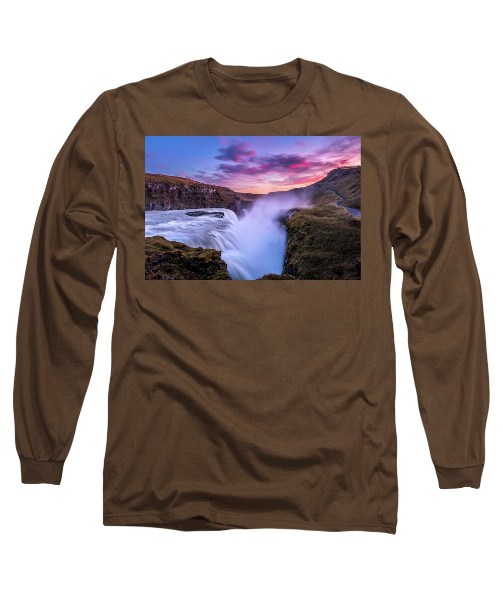 Gullfoss Long Sleeve T-Shirt featuring the photograph Sunset at Gullfoss by Alexios Ntounas