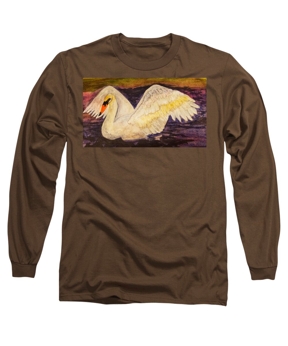 Swan Long Sleeve T-Shirt featuring the painting Swan At Dusk by Shady Lane Studios-Karen Howard